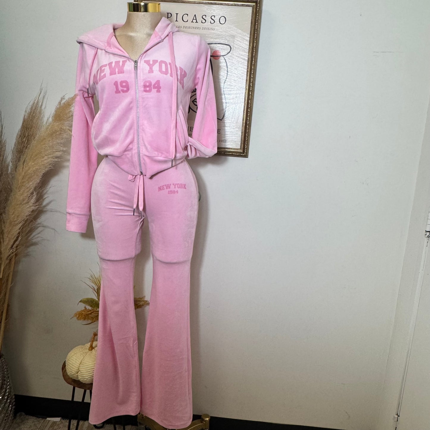 Print Hoodie Jacket and Pants Velour Set-Pink