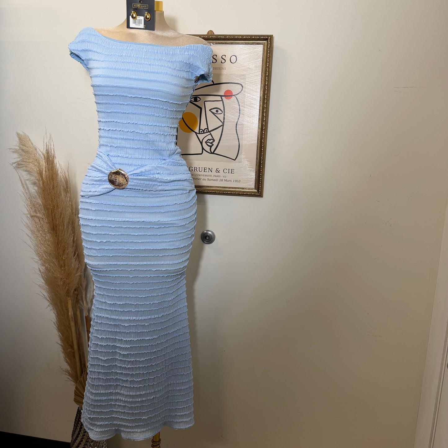 Textured Solid Off shoulder Maxi dress-Blue