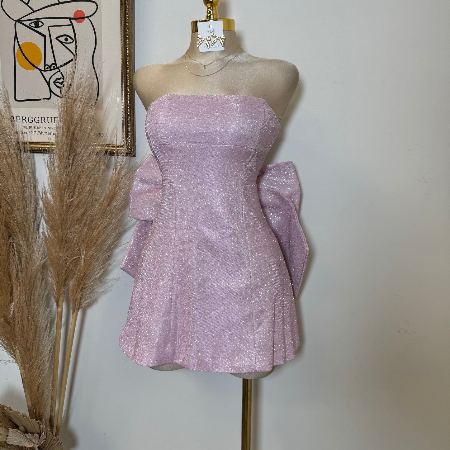 Coqueta Glitter Bow Mini Dress-Pink