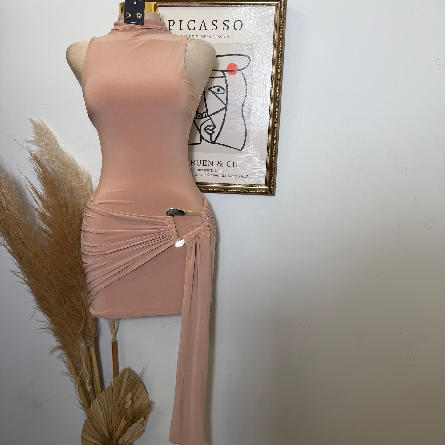 Mock Neck Front Sash With Trim Detail Mini Dress-Nude