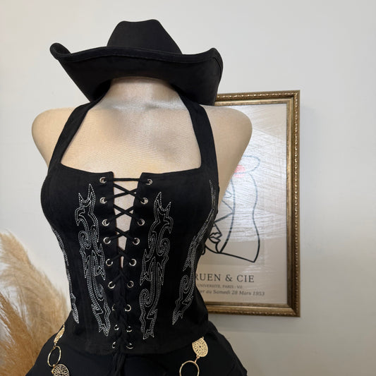 Tie Front suede Top with stitch Detail-Black