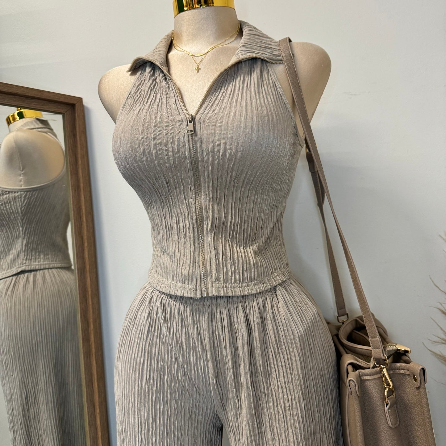 Halter Two Piece Pant Set-Taupe