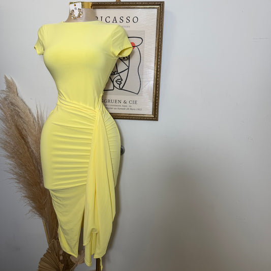 Front slit with sash detail midi Dress-Butter Yellow