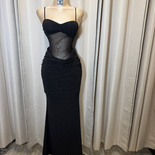 Glitter Ruched Drape Sheer Mermaid Maxi Dress-Black