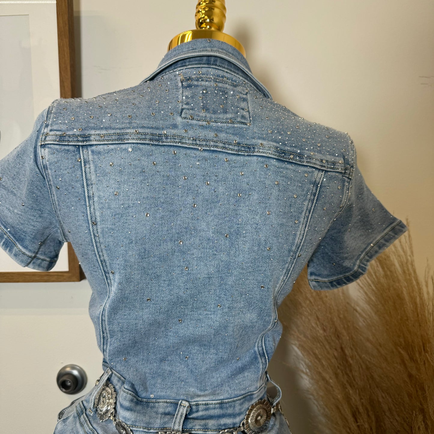 Rhinestone Denim Dress-Blue