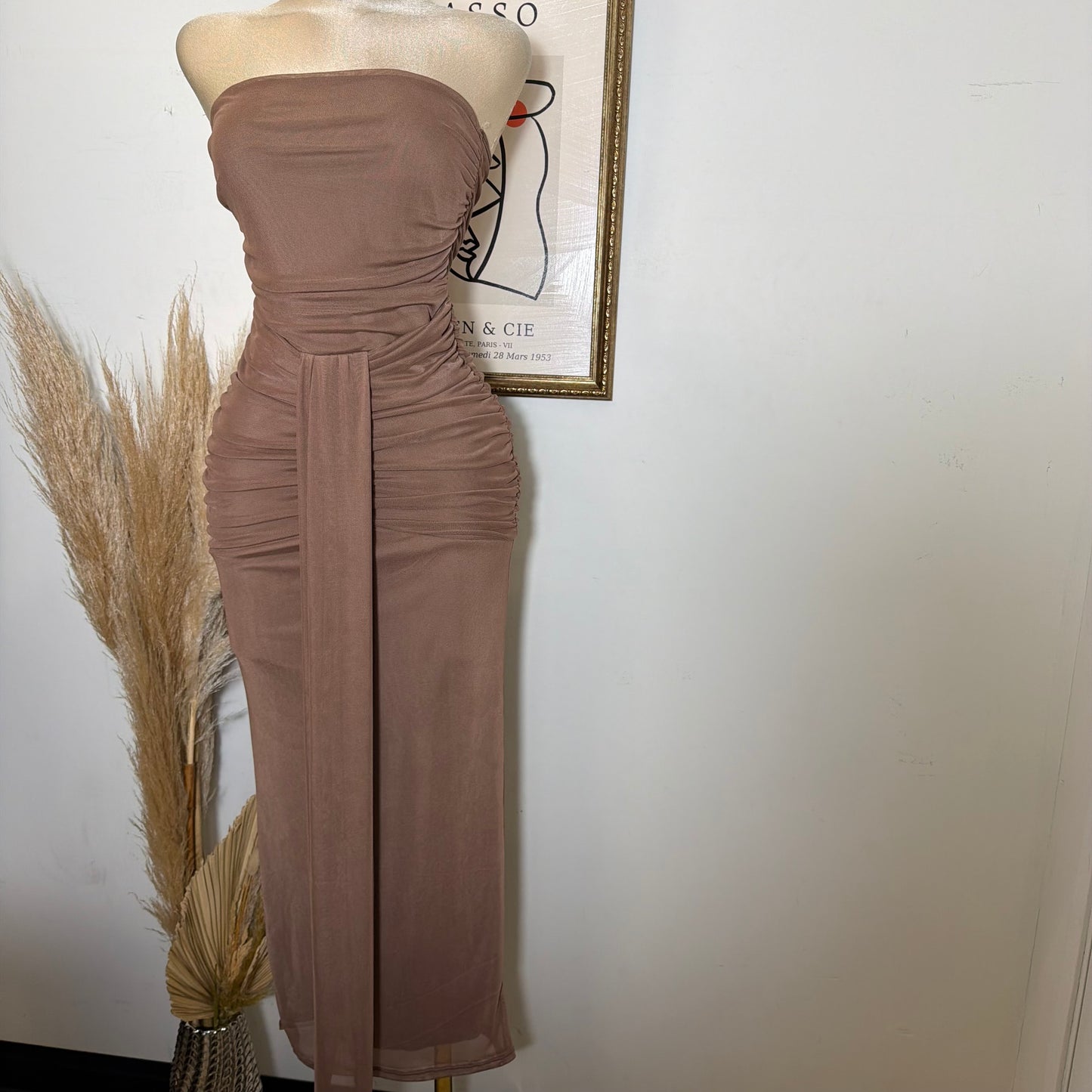 Solid Mesh Tube Maxi Dress-Brown