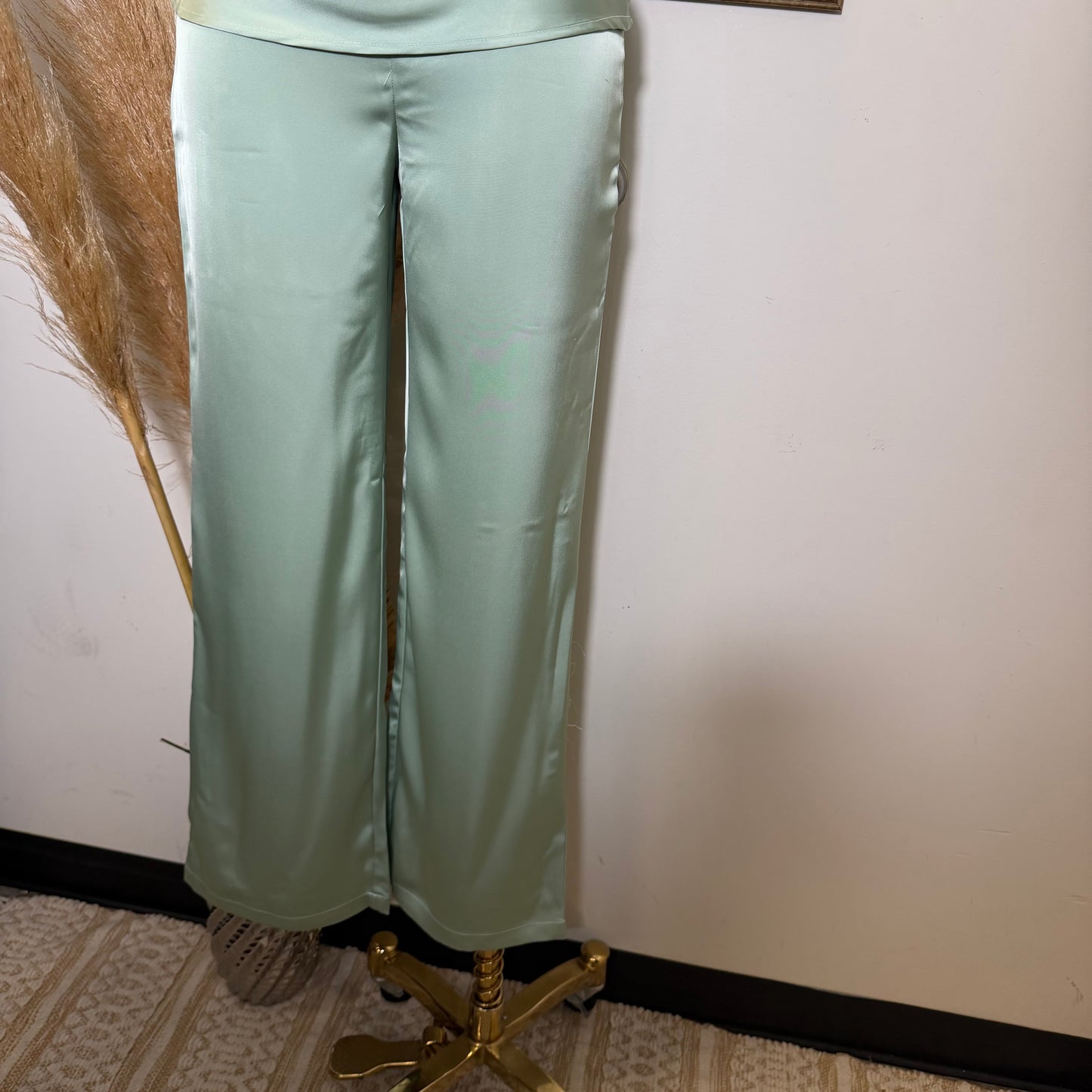 Satin Asymmetrical Scarf Halter Rcuhed Top Zipper Pants set