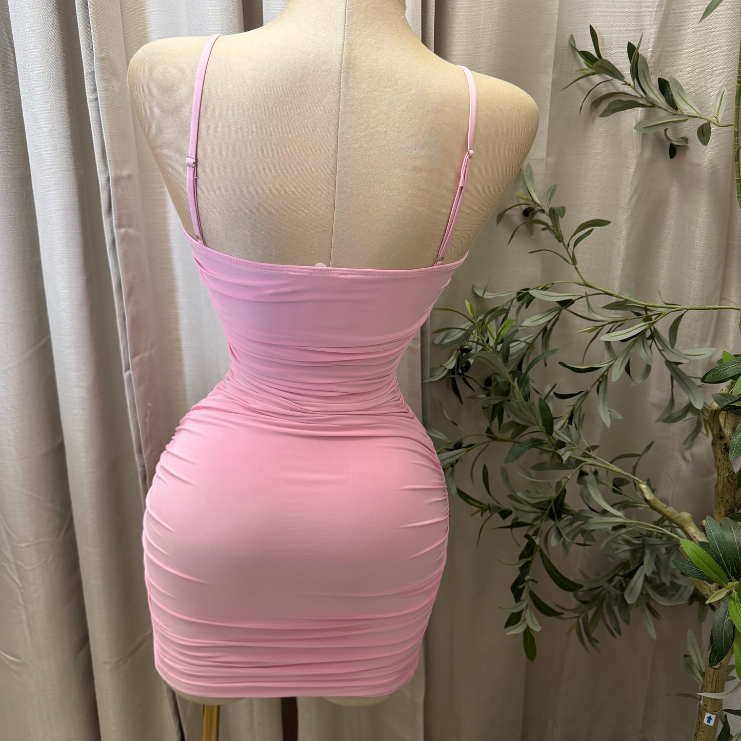 Shirring Sash Mini Dress-Pink
