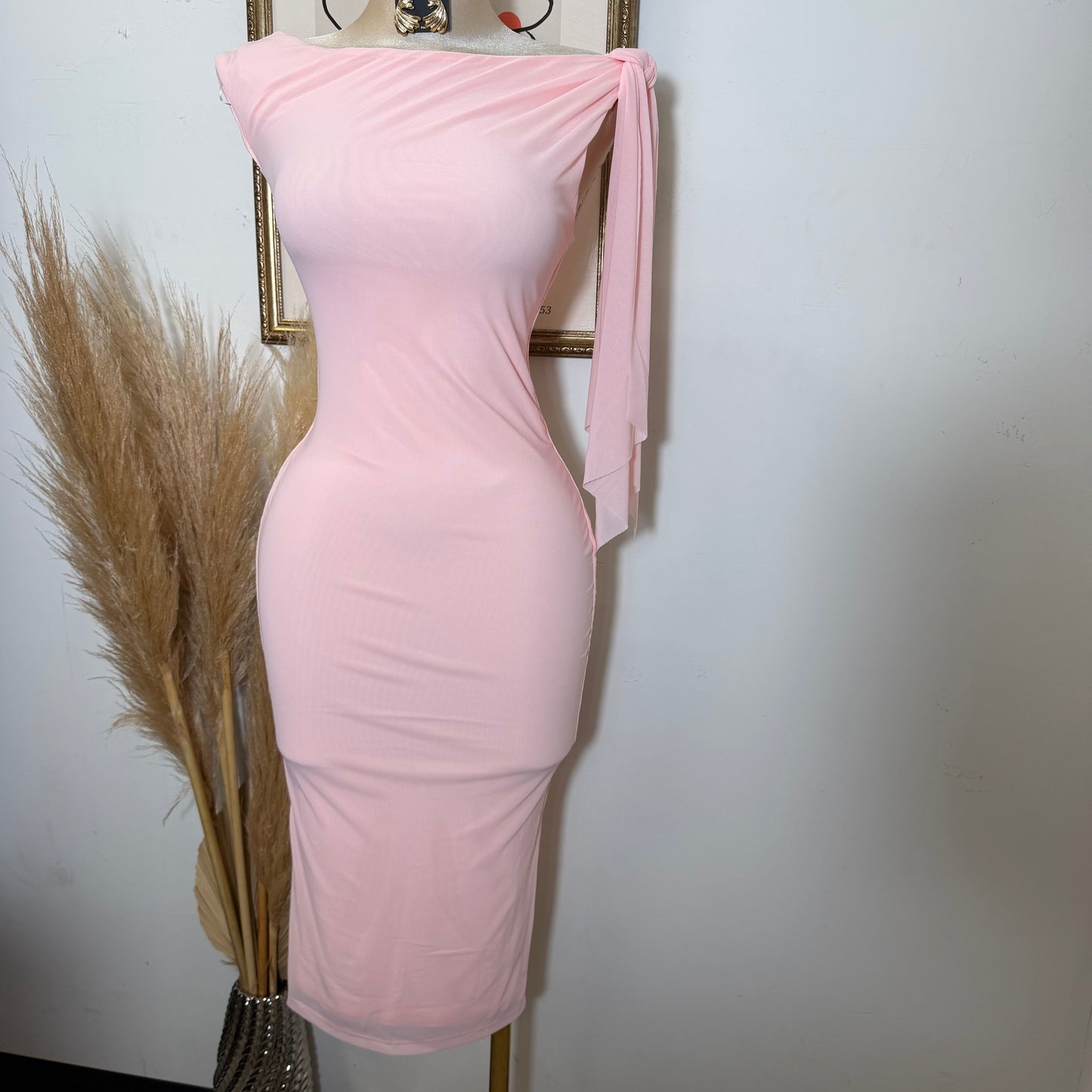 One shoulder Tie Midi Dress-Light Pink
