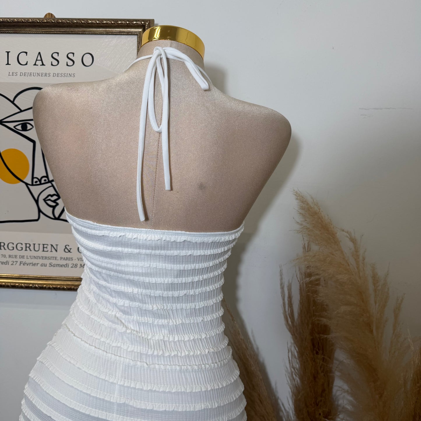 Texture Fabric Turban Shell Metal Trim Halter Maxi Dress-Ivory