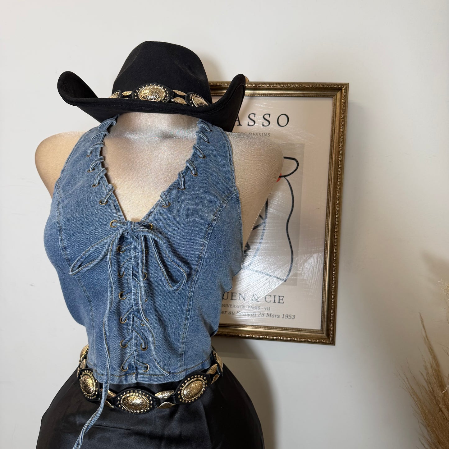 Halter Denim Lace Up Vest-Denim