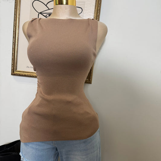 Asymmetrical hem Sleeveless Knit Top-Light Mocha