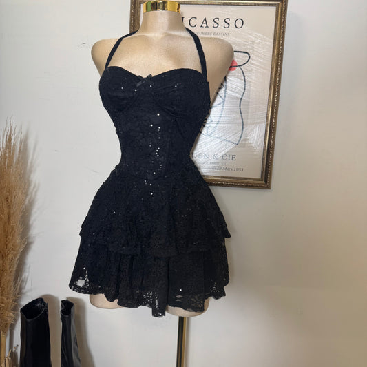 Sequined Halter Mini Dress with Tiered Skirt-Black
