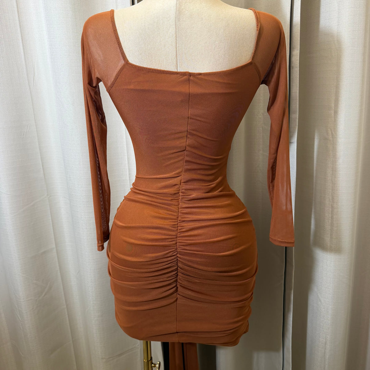 Long Sleeve Off Shoulder Mesh Dress-Brown