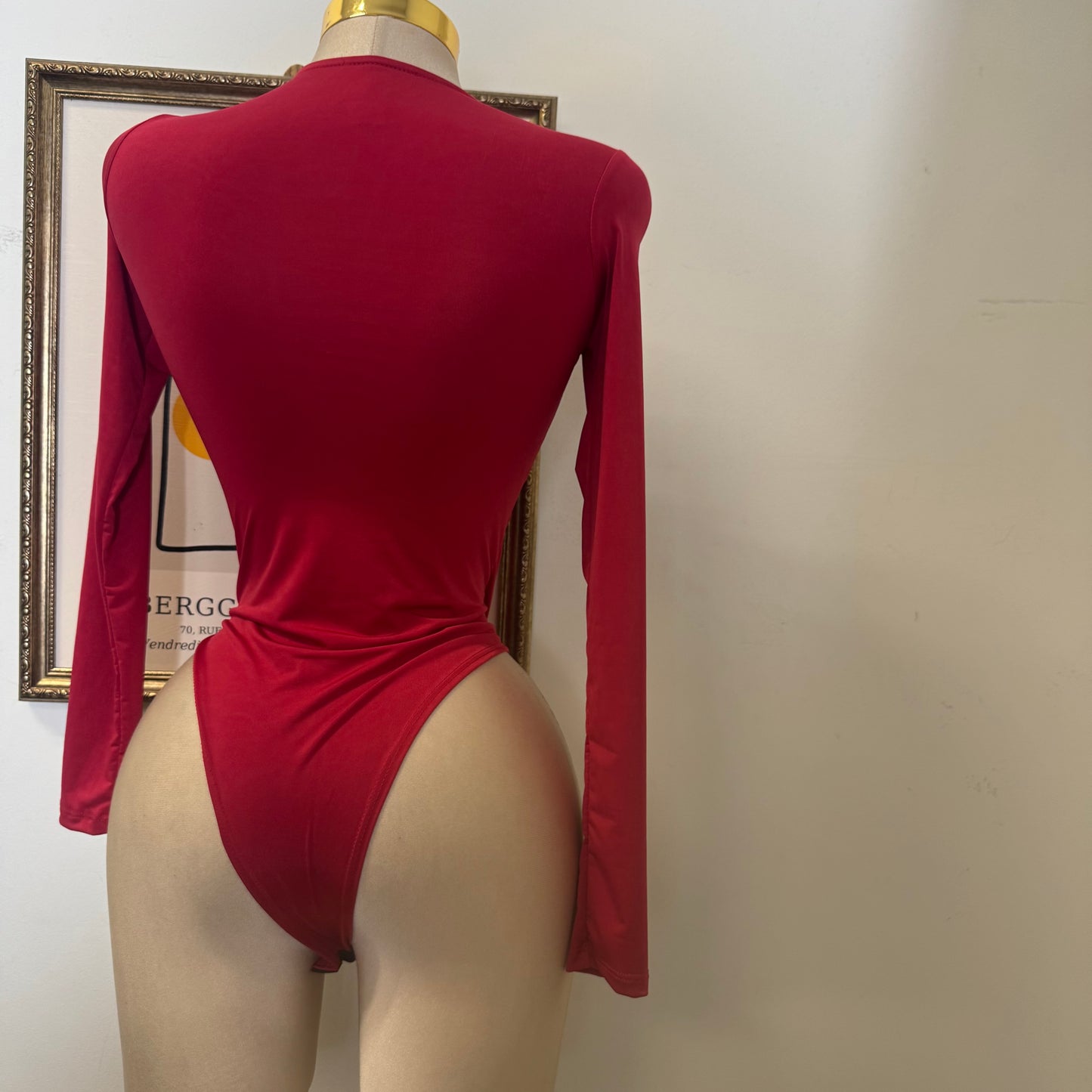 Long Sleeve Bodysuit with Gold Detail-Red