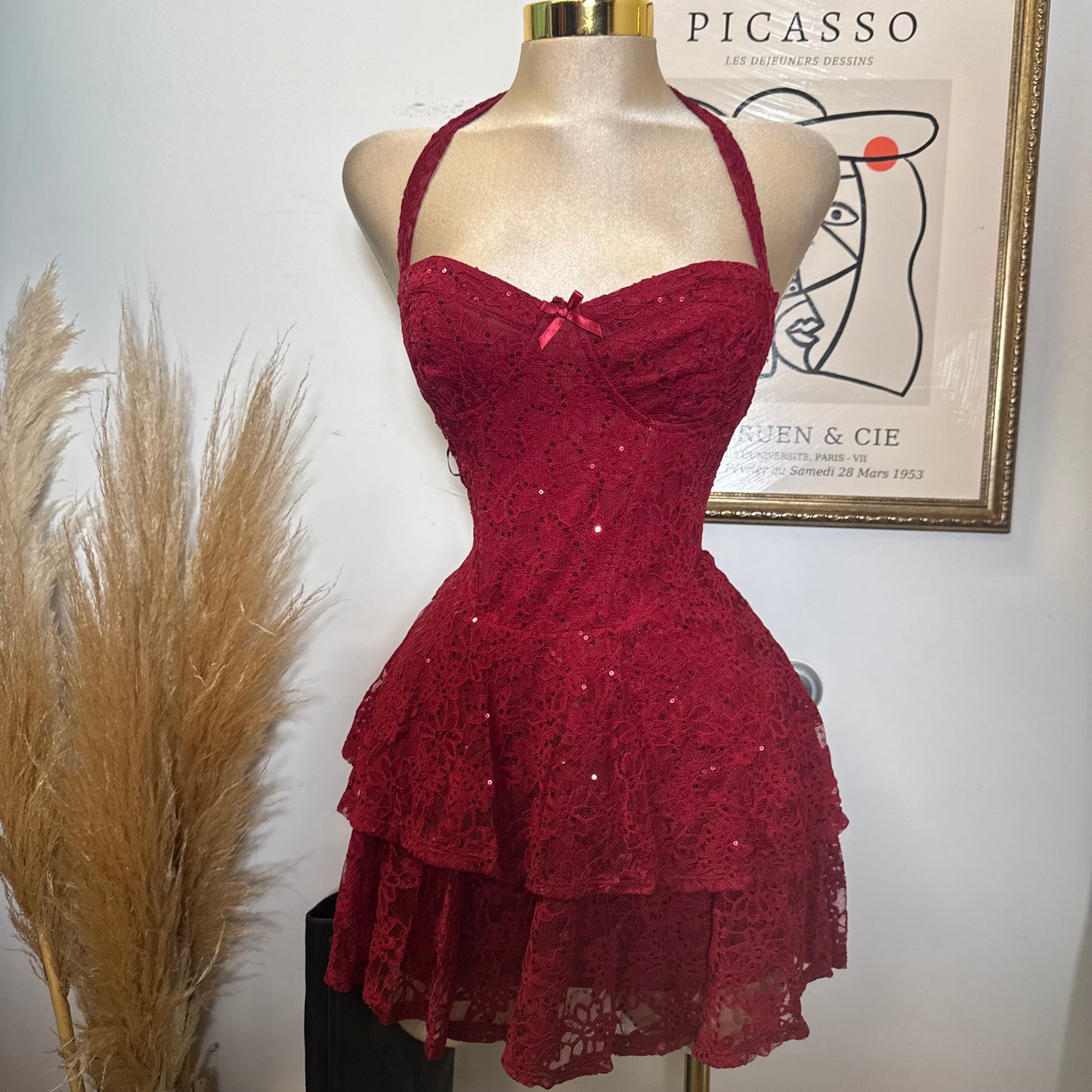 Sequined Halter Mini Dress with Tiered Skirt-Red