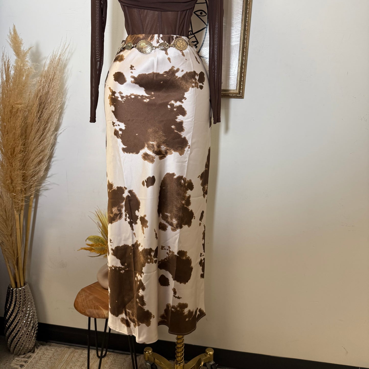 Cow Print Satin Maxi Skirt-brown