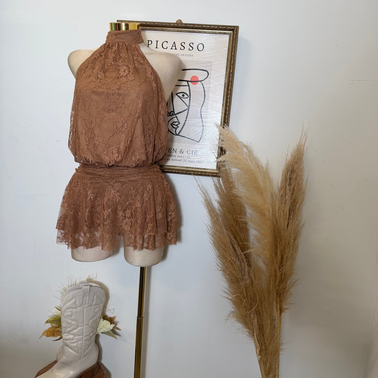 Halter lace Mini Dress-Caramel