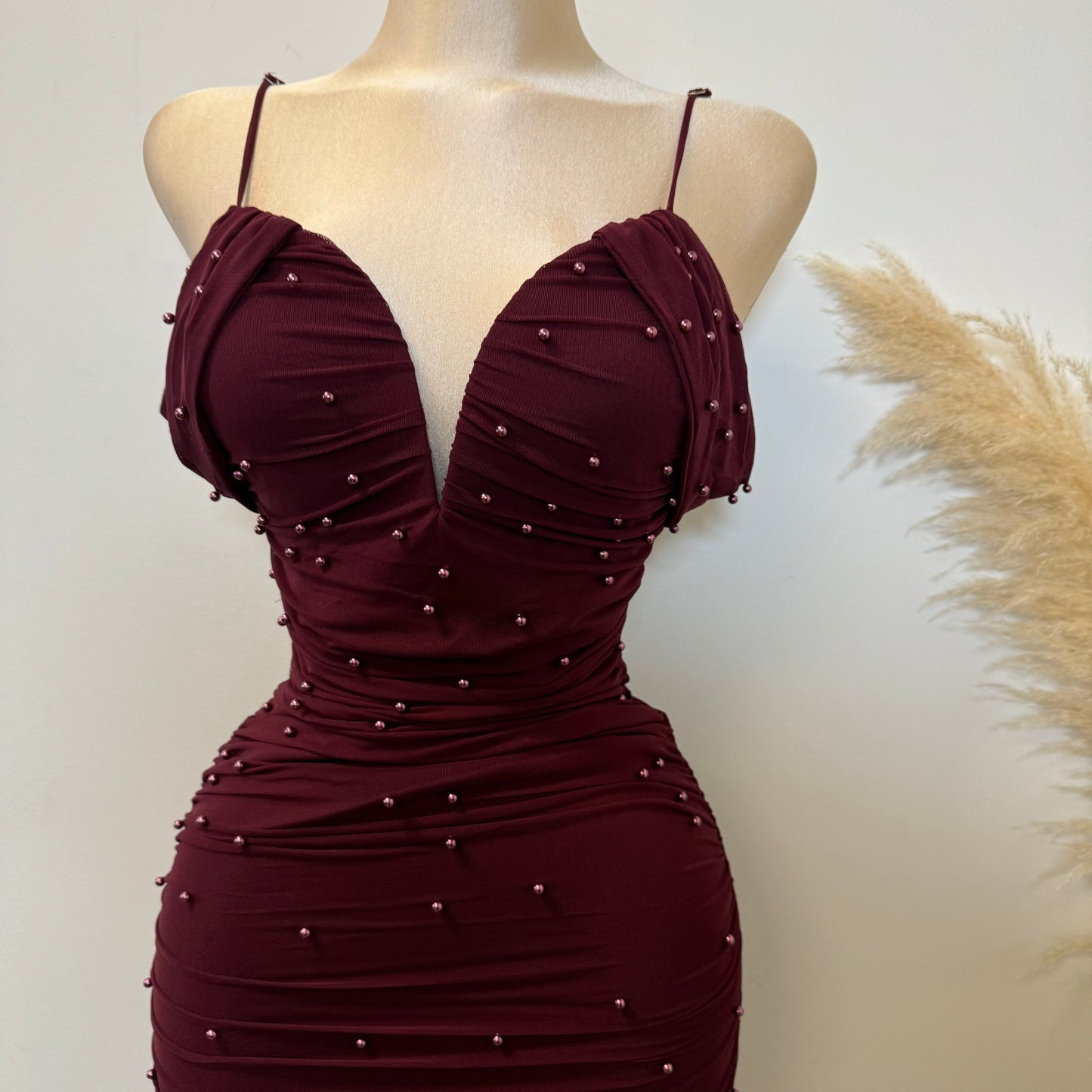 Aria Pearl Midi Dress- Burgundy