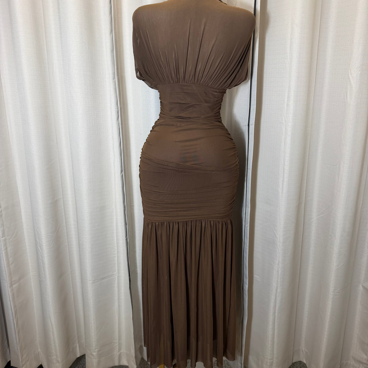 Mesh & Knit Mix Long Dress-Brown