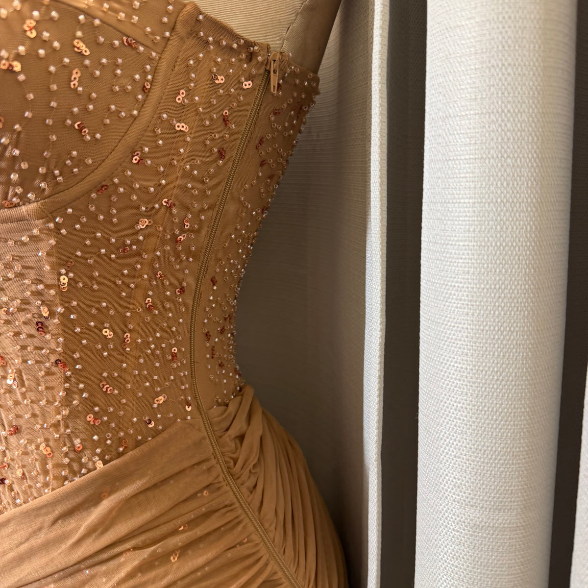 Mesh with beads Sequin Sweetheart neckline Corset dress-Mocha/Beige