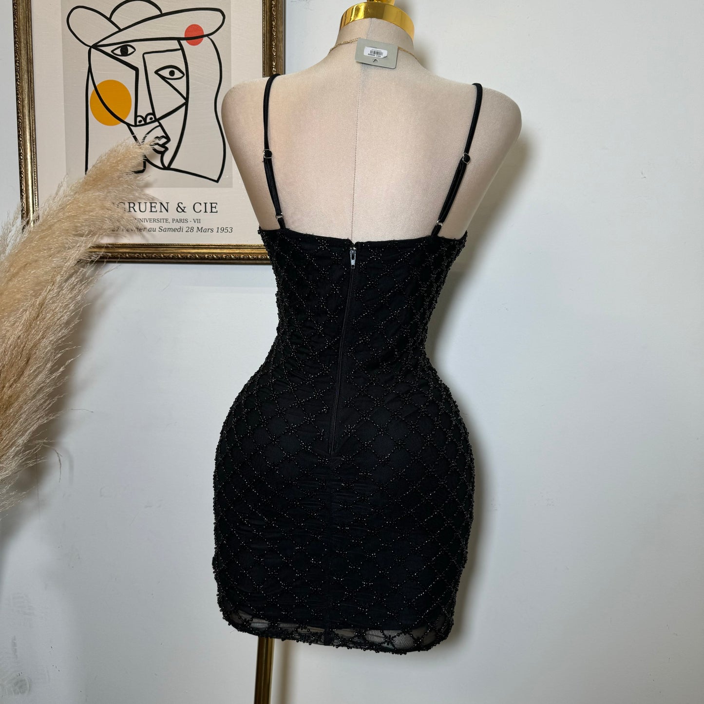 Diamond Pattern bead Dress-Black