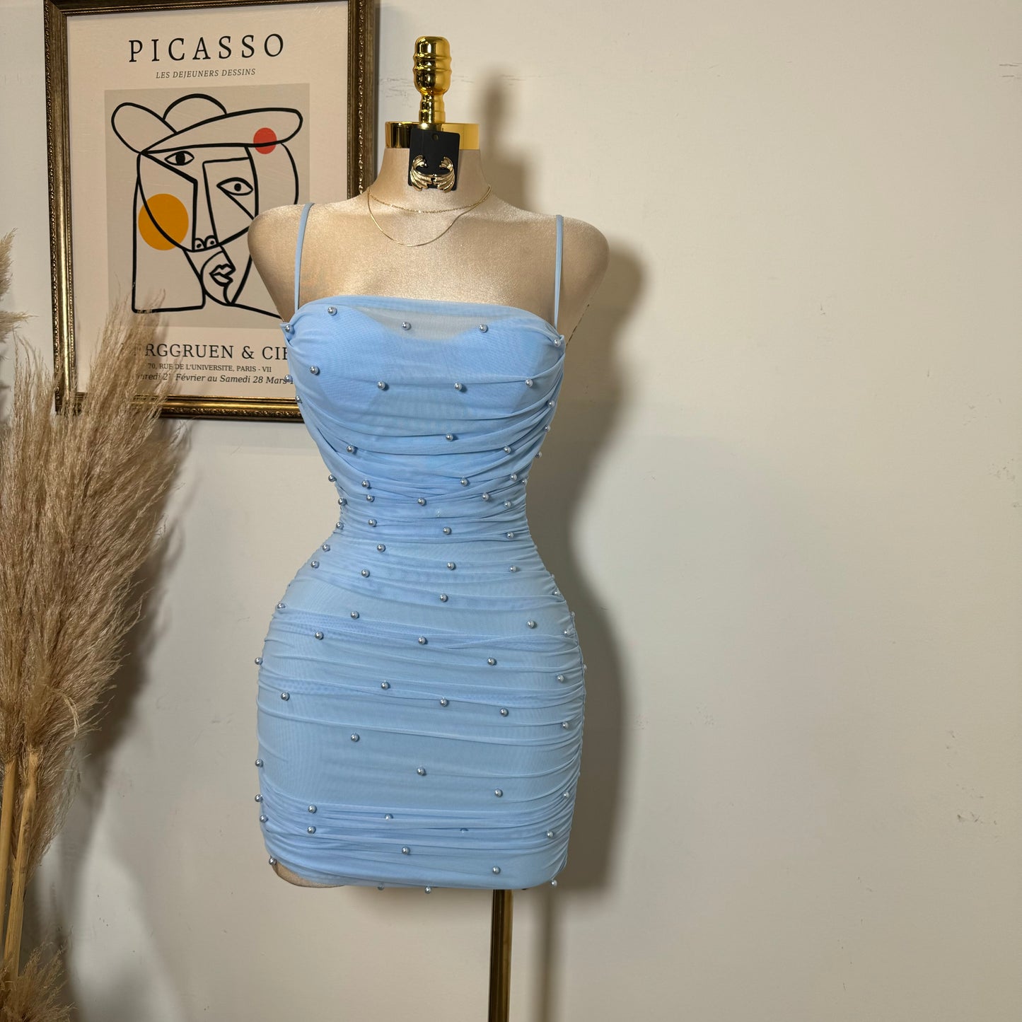 Pearl Mesh Ruched Sleeveless Mini Dress-Baby Blue