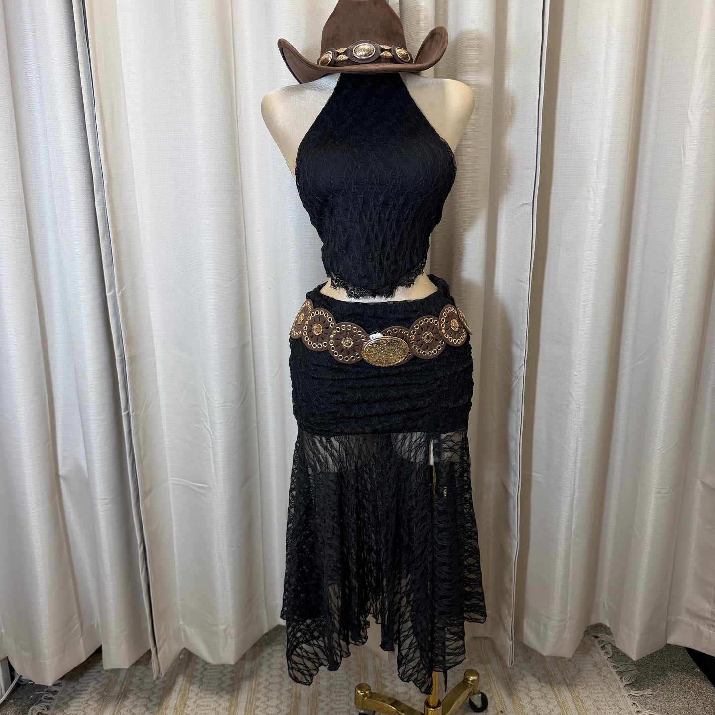 Halter Lace Maxi skirt Set-Black