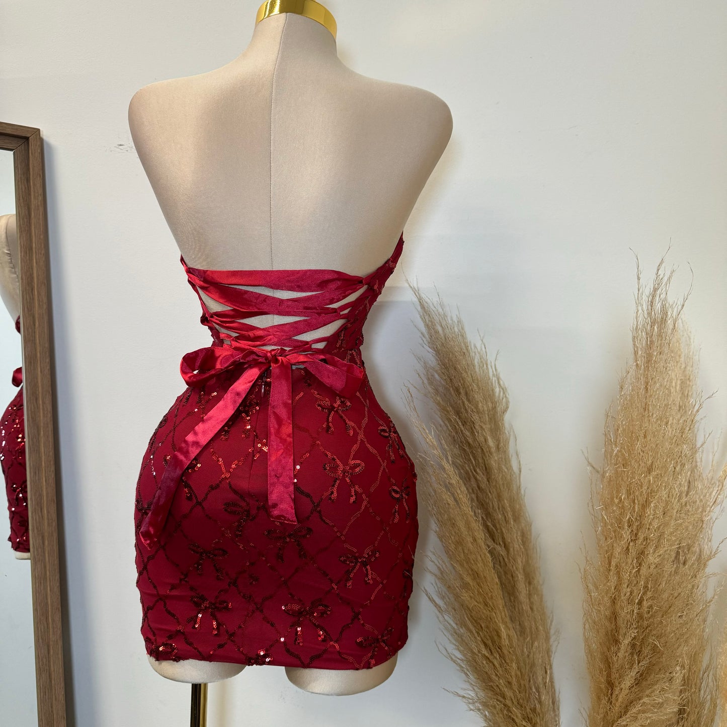 Bow Sequins Strapless Corset Dress-Red