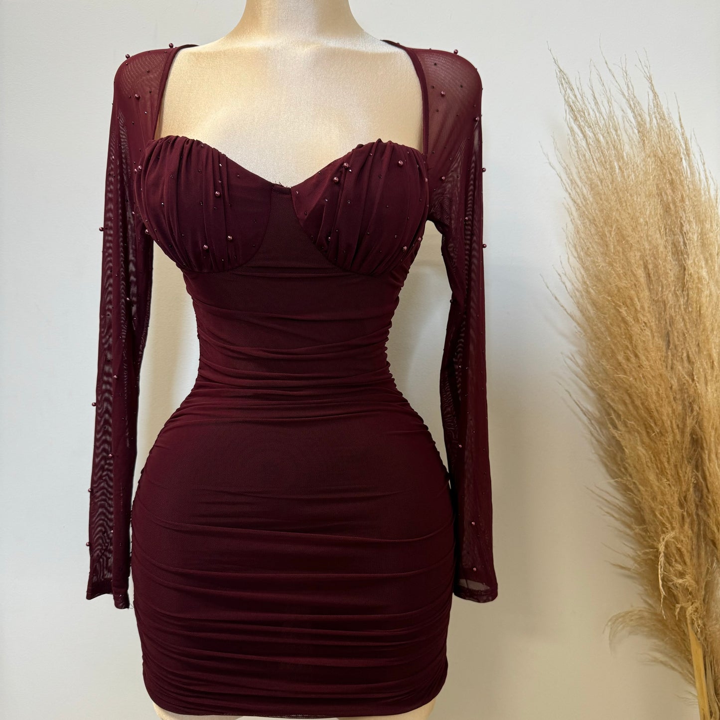 Talia Pearl Dress-Burgundy