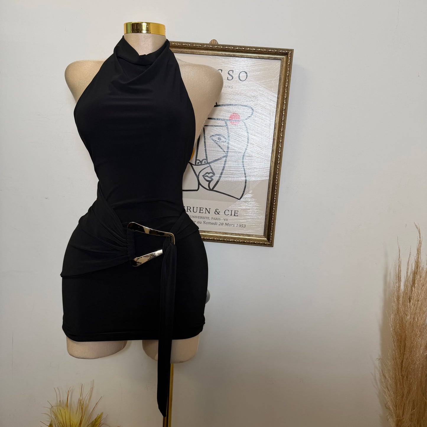 Halter Drape Trim Detail Mini Dress-Black