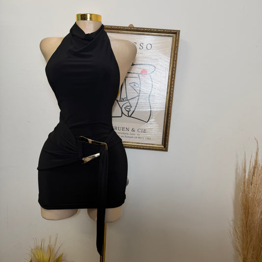 Halter Drape Trim Detail Mini Dress-Black