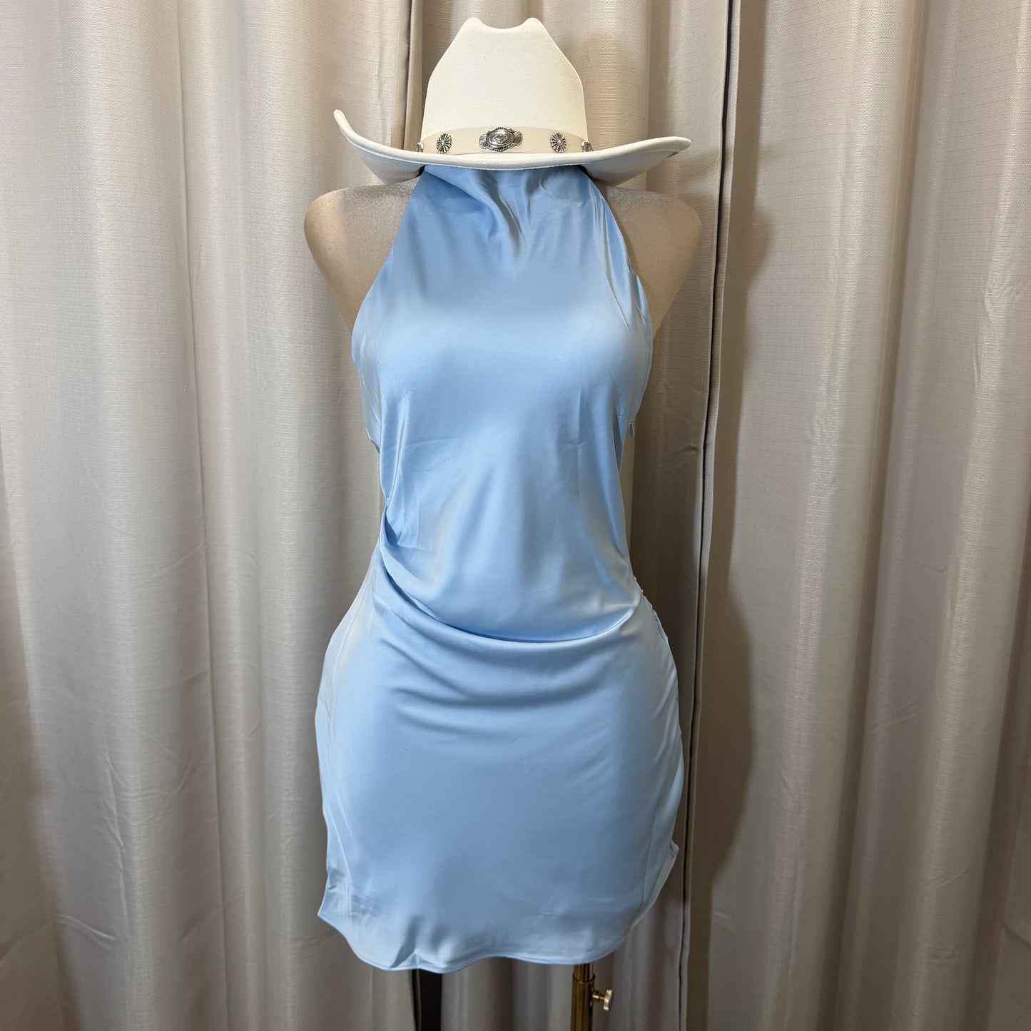 Satin Cowl Halter Neck Dress-Baby Blue