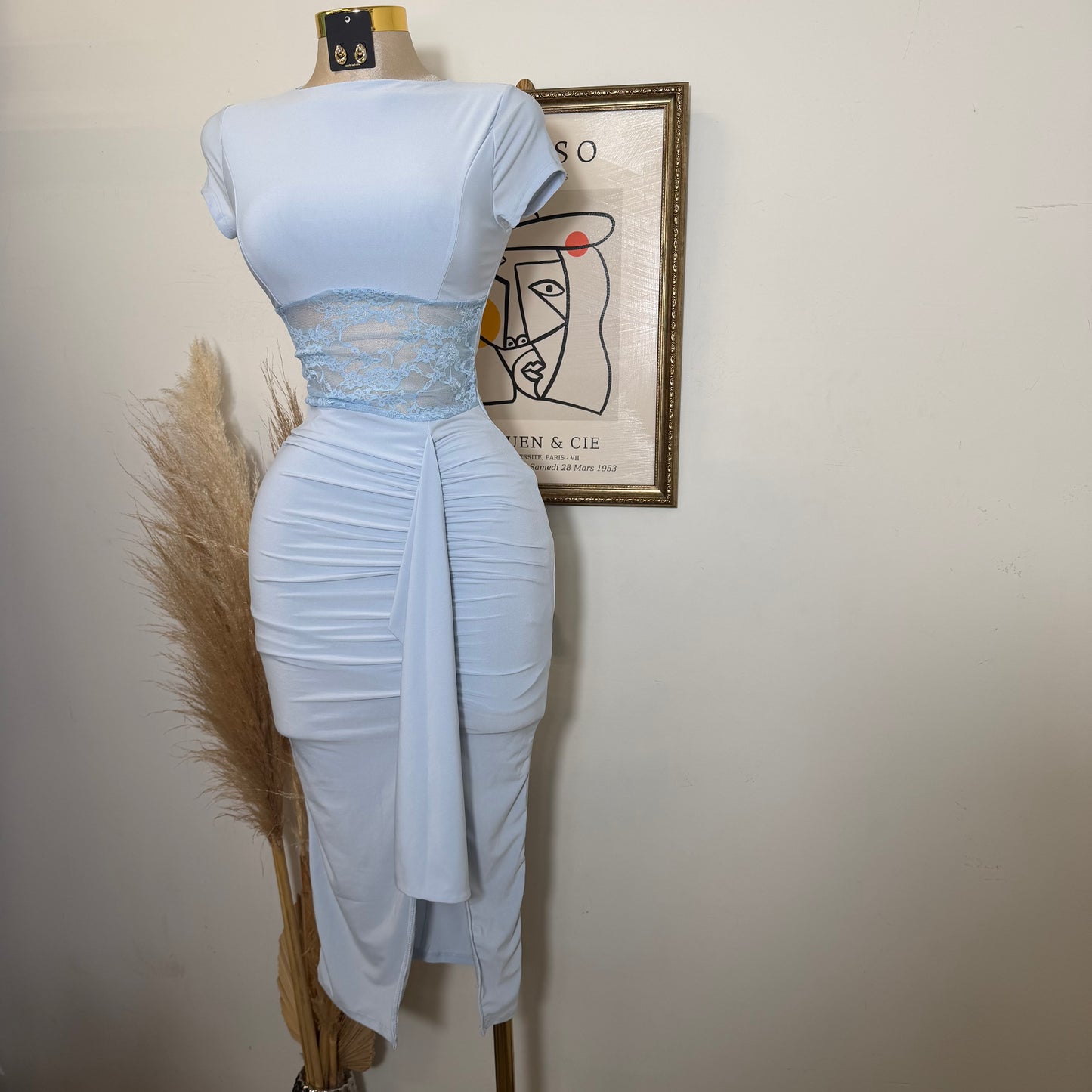Lace Waist Contrast Midi Dress-Baby Blue