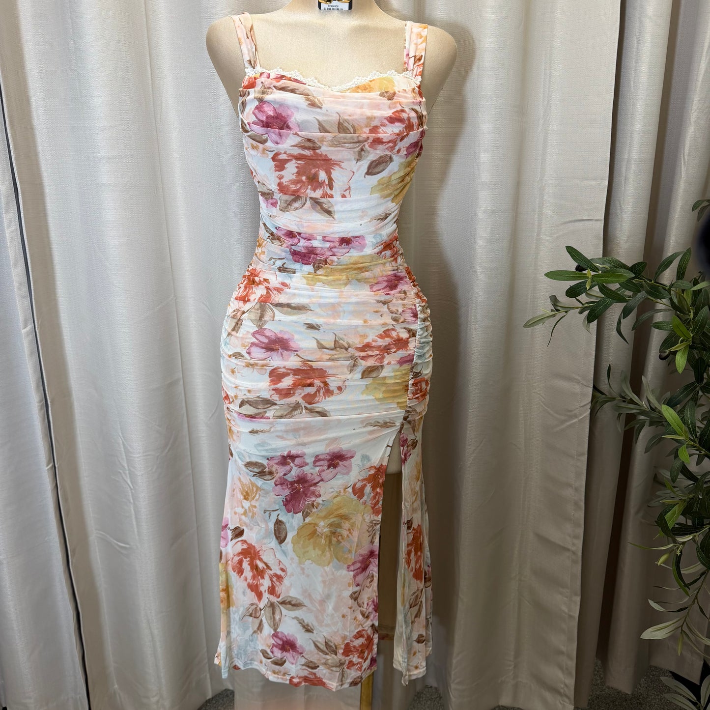 Mesh Flower Print Midi Dress-Pink/Cream/Multi