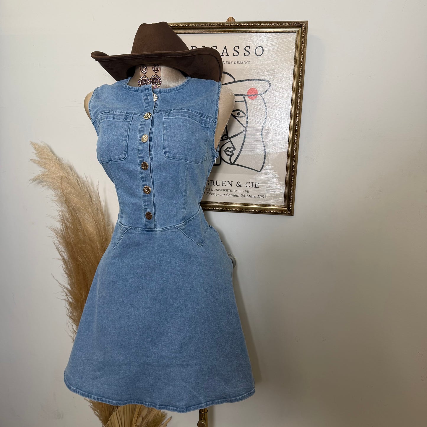 Round Neck Midi Denim Dress-LT Blue