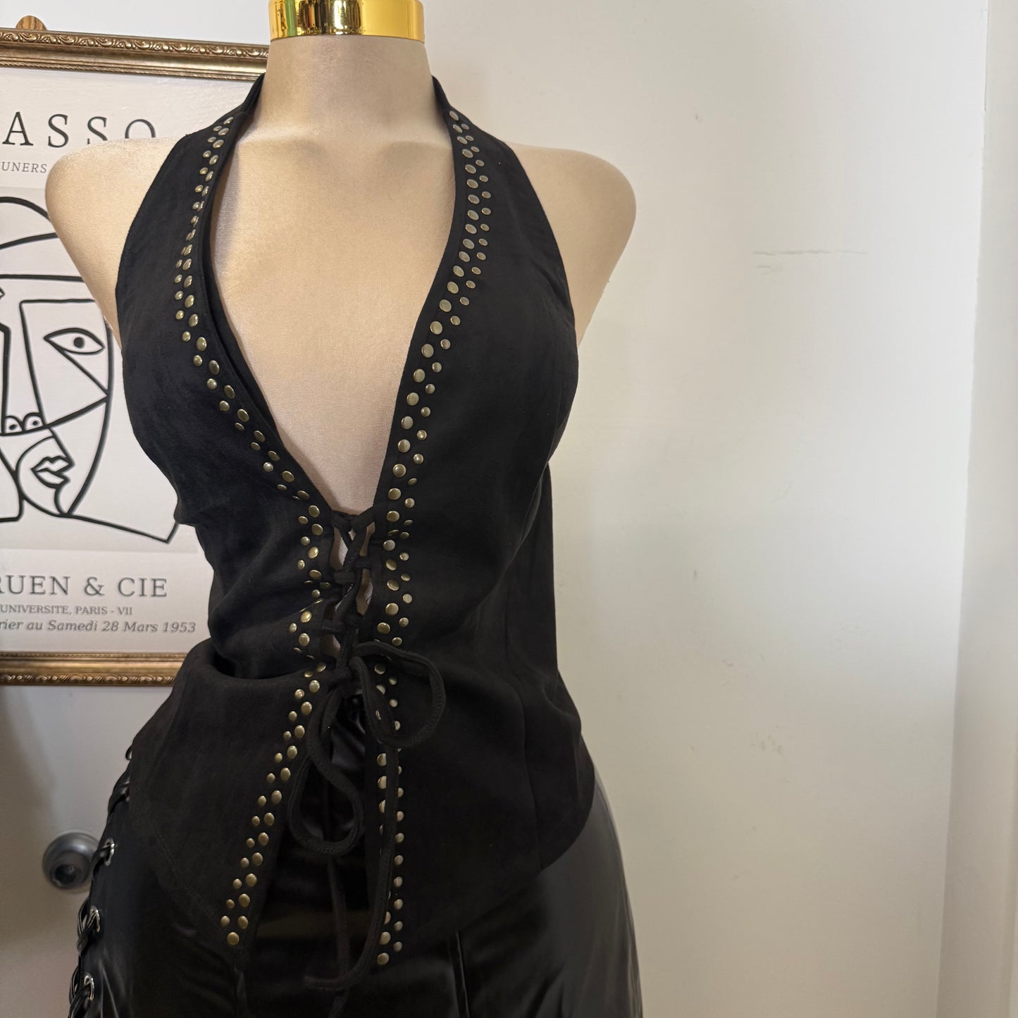 Suede Stud Detail Lace up Halter Top-Black