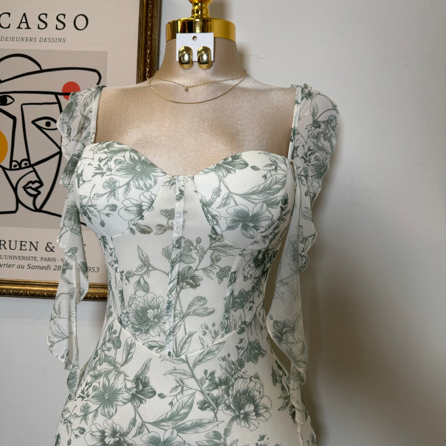 Mesh Print Ruffle Sleeve Corset Midi Dress-Sage Green