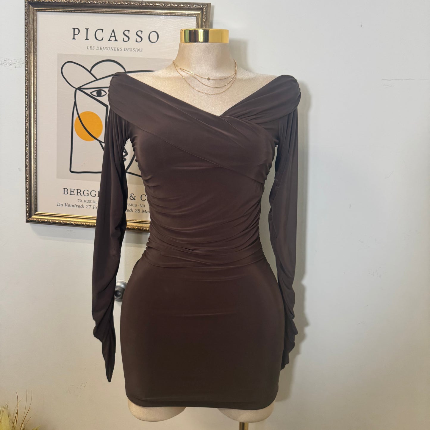Long Sleeve Off Shoulder Ruched Mini Dress-Brown