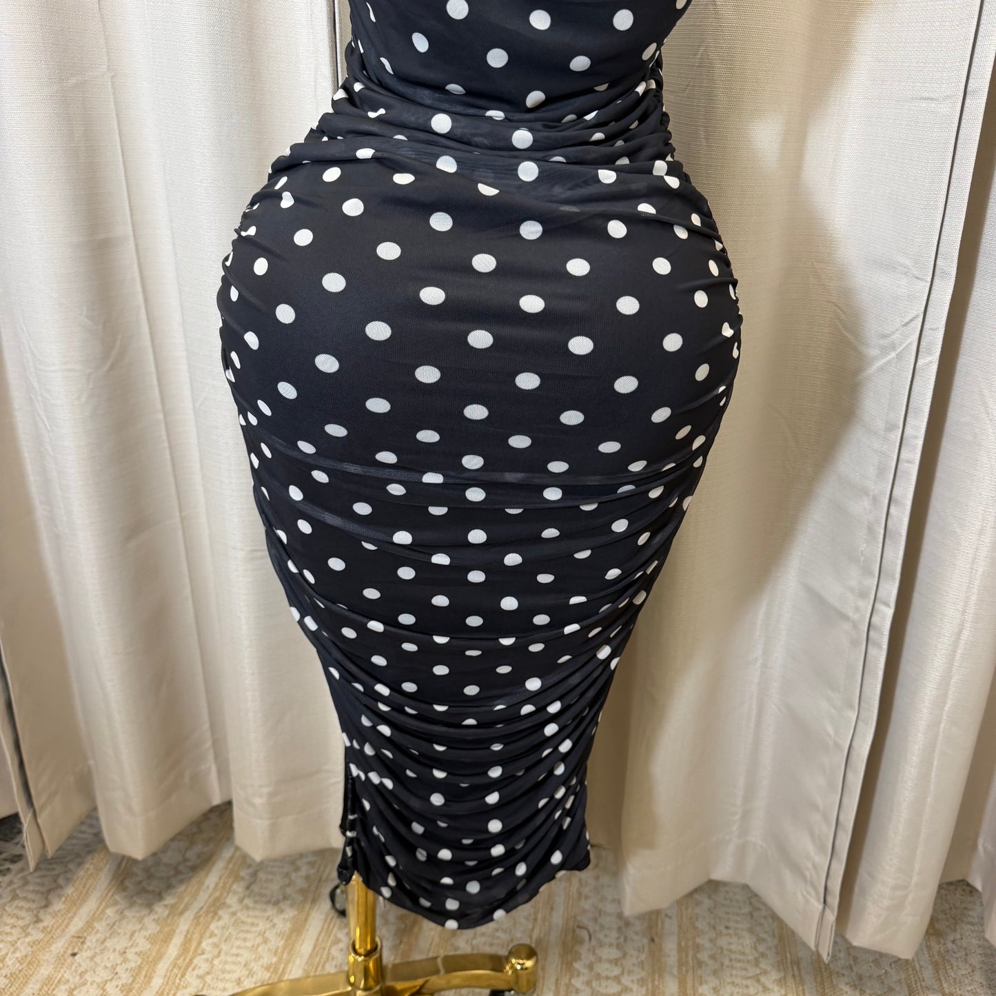 PL-Mesh Polka midi Dress-Black/white