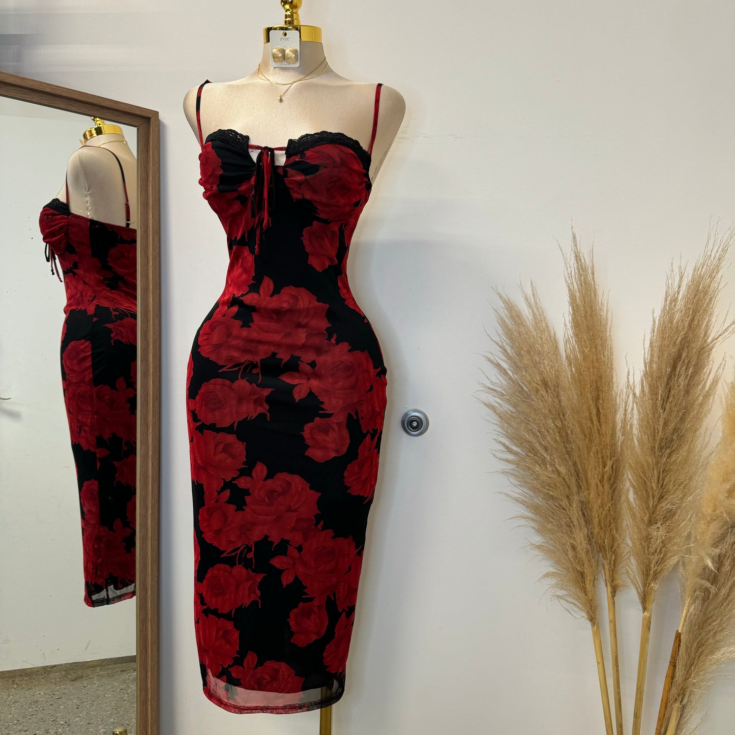 Rose Mesh Spaghetti Dress-Black/Red