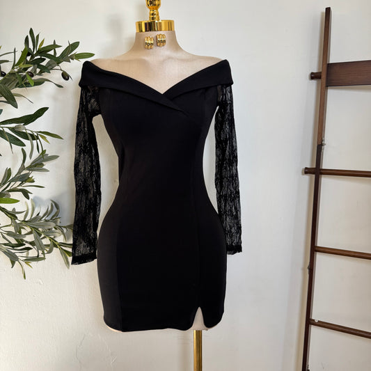 Nylon Ponte off Shoulder Long sleeve -Black