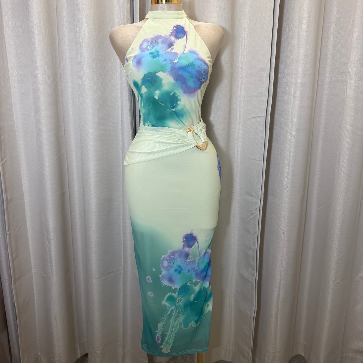 Flower Print Mesh Midi Dress-Yellow/Turquoise combo