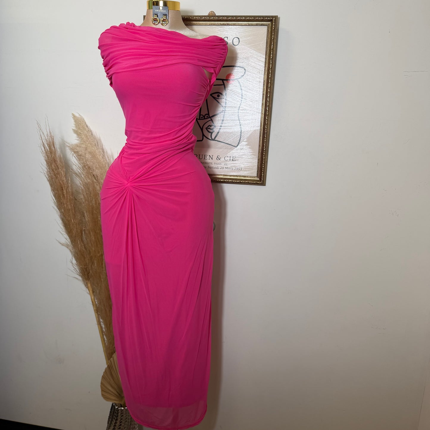 Maxi Mesh Dress Detail in the front -Hot Pink
