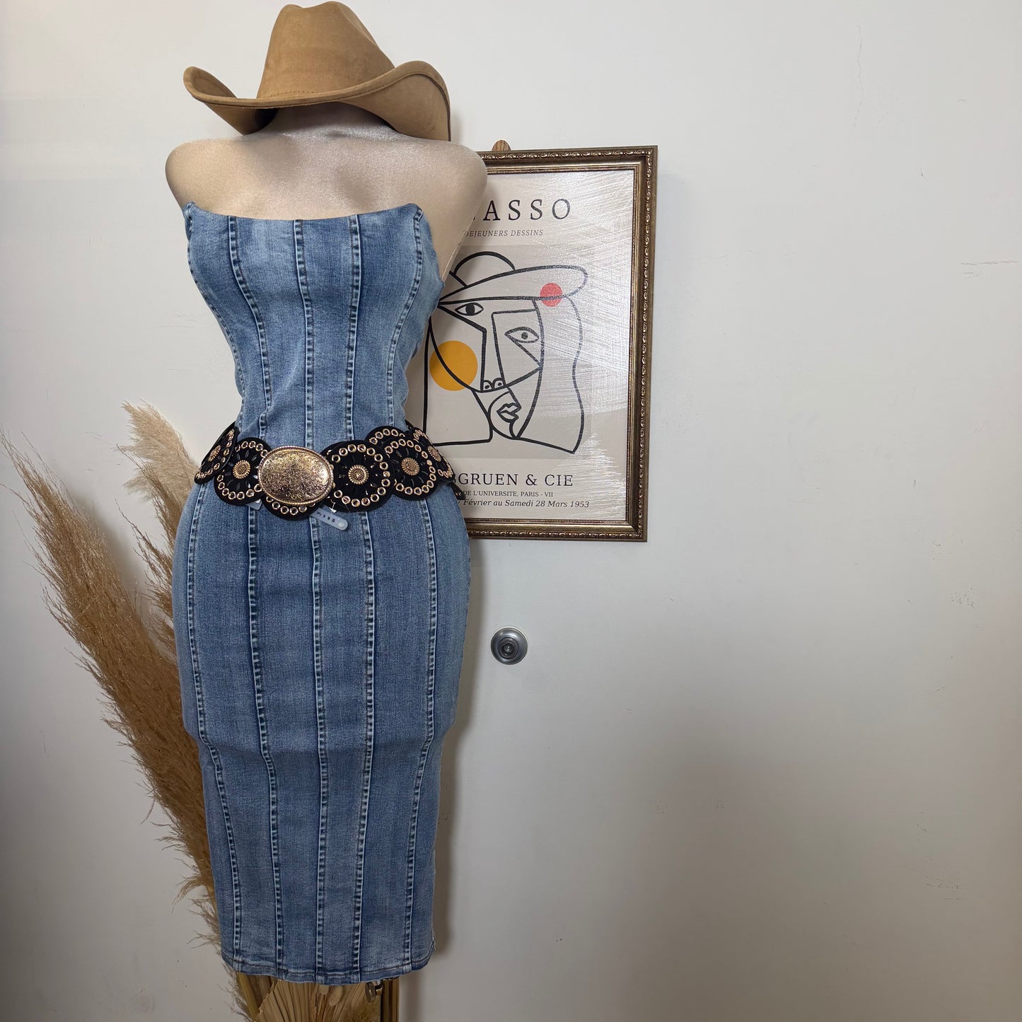 Denim Strapless Midi Dress-LT Blue