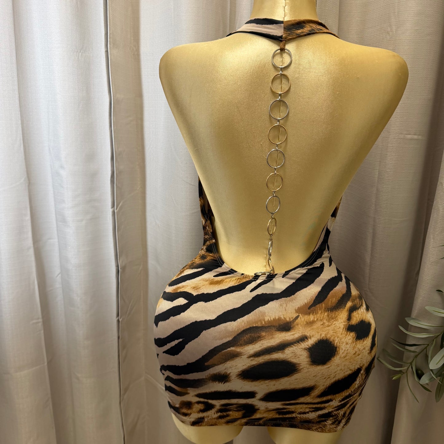 Halter O-Ring back chain Bodycon Mini Dress-Tiger