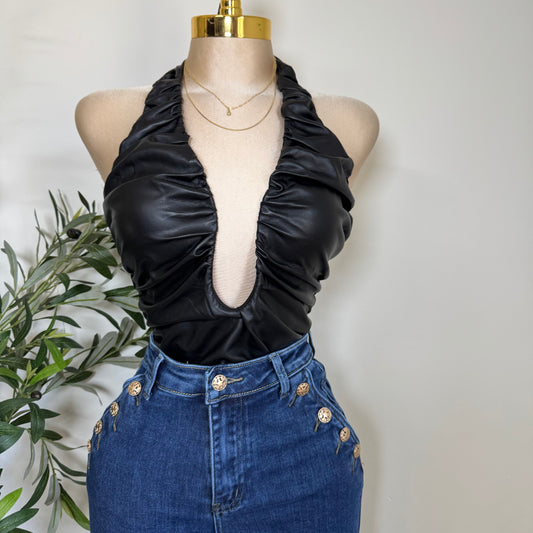 Halter Wire Inset Ruching Top-Black