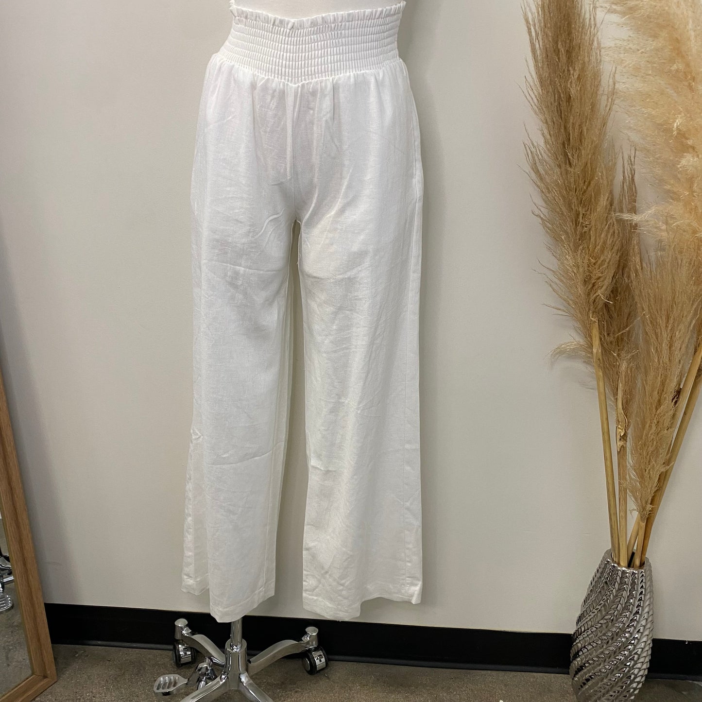 Linen Pants with Smoked Waist -White