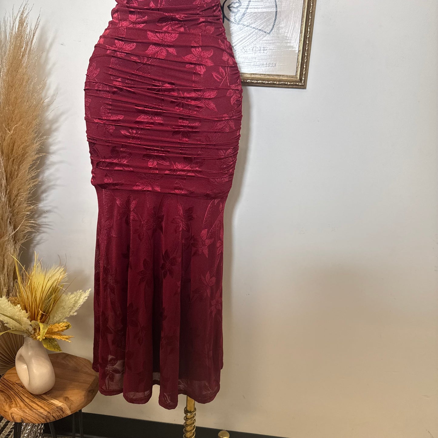 Trim accent Midi Dress-Wine