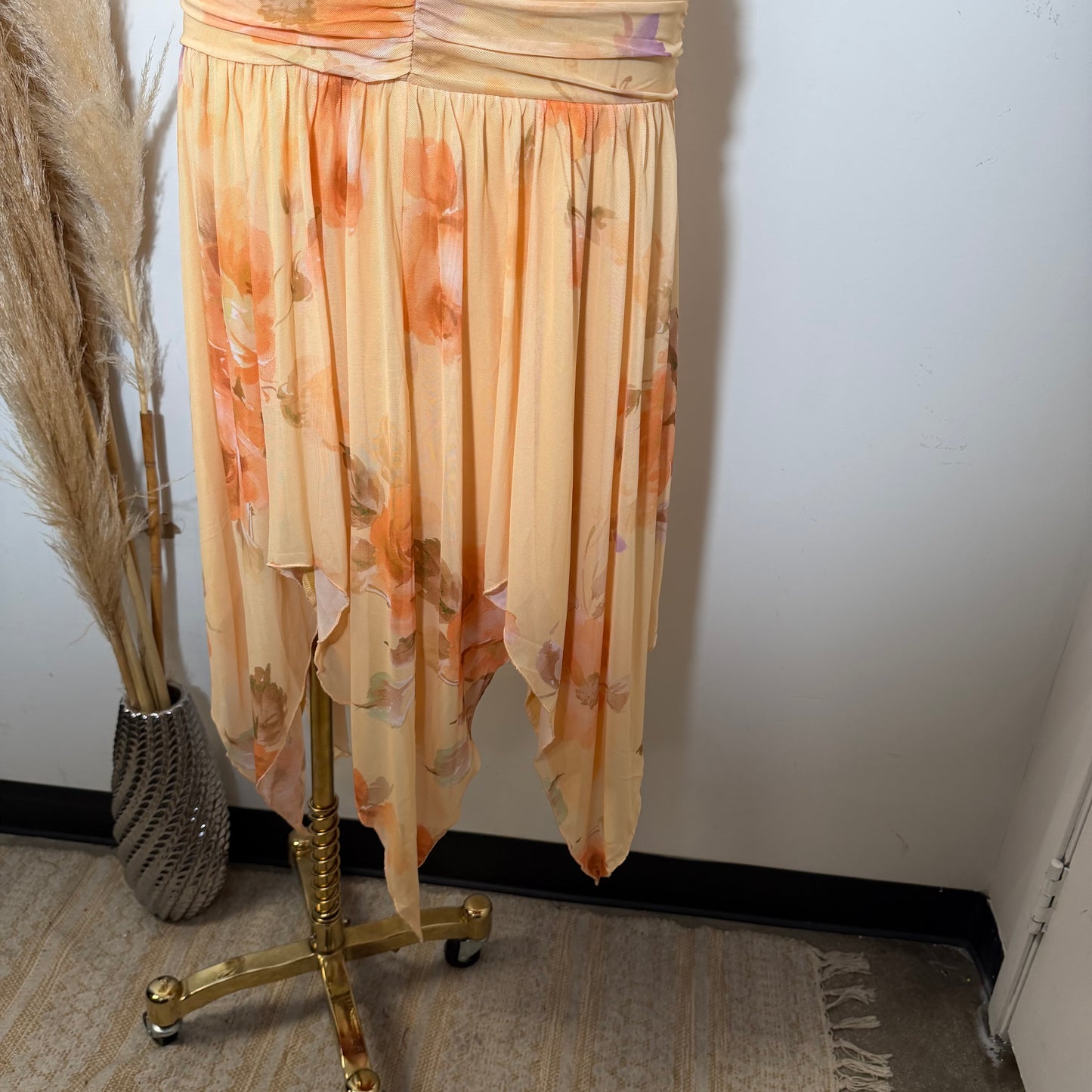 Printed Mesh Strapless Ruched Asymmetric maxi Dress-Peach Orange